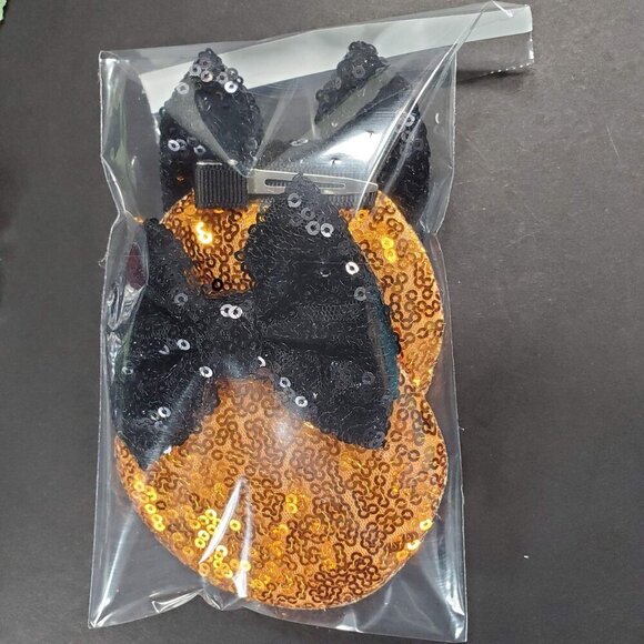 Minnie Mouse Ears Hair Clips Barrette Orange Sequins Black Bow Hair Care - Picture 7 of 9